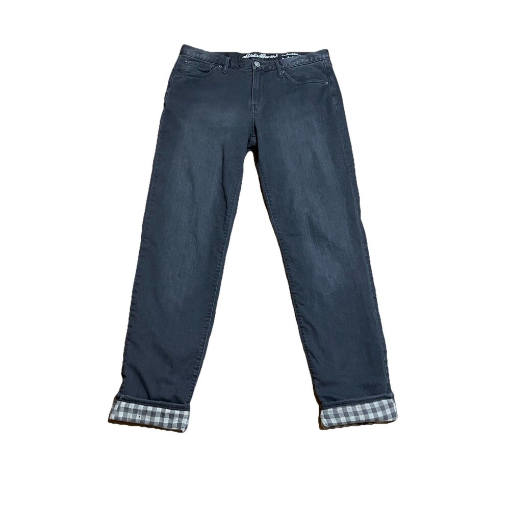 Eddie Bauer Boyfriend Relaxed Flannel Lined Jeans Gray Stretch Womens 8 tall